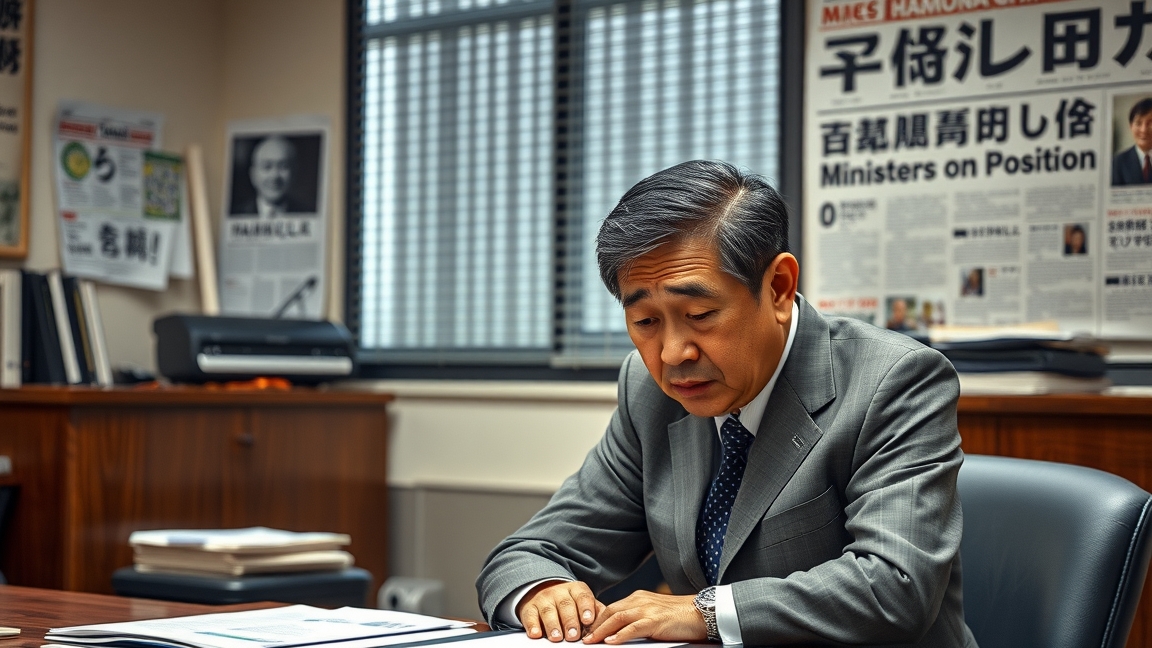 Japán minisztere egy botrányos viccet elemez az irodájában.