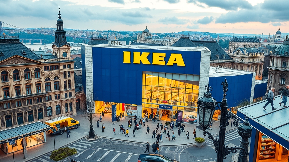 IKEA áruház Budapest szívében, vásárlók sétálnak a bolt előtt