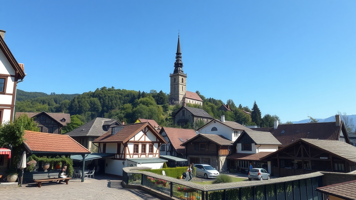 A gyönyörű falu panorámája magasan álló templommal