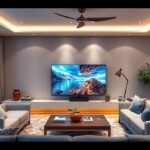 Modern nappali Samsung QE98Q80C QLED tévével és kényelmes bútorokkal