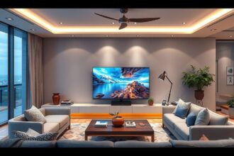 Modern nappali Samsung QE98Q80C QLED tévével és kényelmes bútorokkal