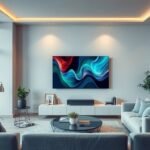 Modern nappali Sony Bravia TV-vel, kényelmes bútorokkal és világítással.