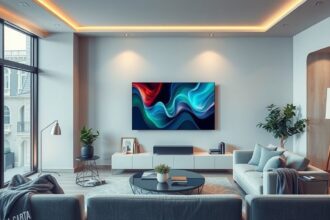 Modern nappali Sony Bravia TV-vel, kényelmes bútorokkal és világítással.