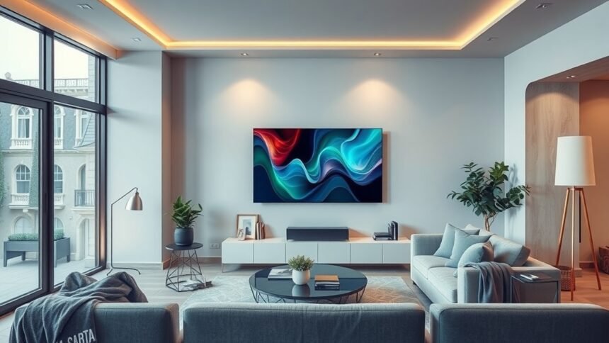 Modern nappali Sony Bravia TV-vel, kényelmes bútorokkal és világítással.