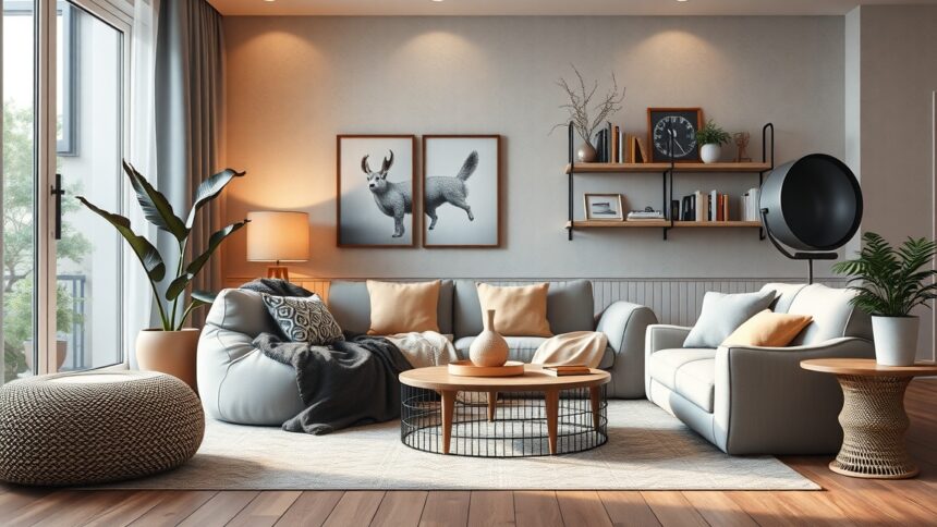 Modern babzsákfotel a stílusos lakótérben, otthoni kényelem