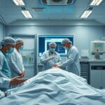 Orvosok egy COVID tesztelési helyiségben, páciens mellett.