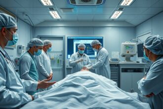 Orvosok egy COVID tesztelési helyiségben, páciens mellett.