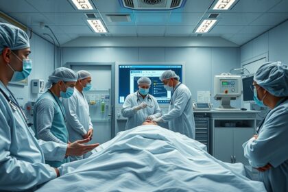 Orvosok egy COVID tesztelési helyiségben, páciens mellett.