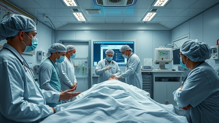 Orvosok egy COVID tesztelési helyiségben, páciens mellett.