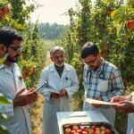 Indiai tudósok az almaültetvényen kutatnak