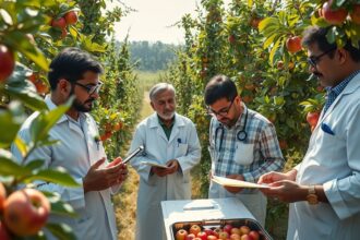 Indiai tudósok az almaültetvényen kutatnak