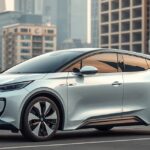 Modern kínai elektromos autó városi háttérrel.