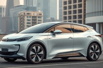 Modern kínai elektromos autó városi háttérrel.