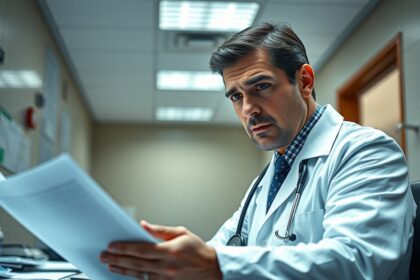 Orvos tekintete a dokumentációra, súlyos orvosi hibákra utalva.
