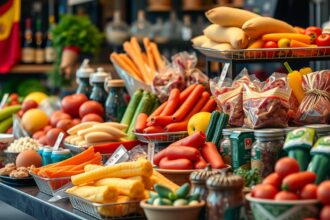 Friss spanyol élelmiszerek változatos kínálata egy piacon.