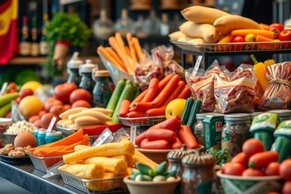 Friss spanyol élelmiszerek változatos kínálata egy piacon.