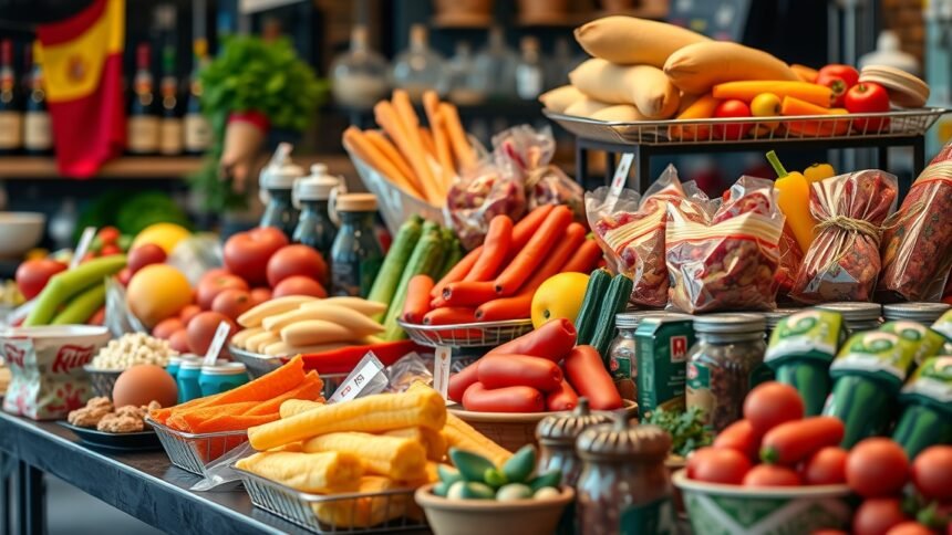 Friss spanyol élelmiszerek változatos kínálata egy piacon.