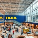A legnagyobb budapesti IKEA áruház belső tere, modern bútorokkal.