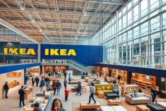 A legnagyobb budapesti IKEA áruház belső tere, modern bútorokkal.