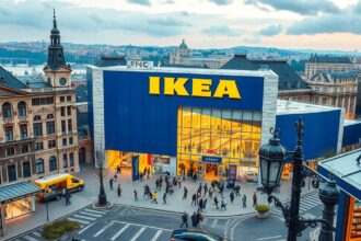 IKEA áruház Budapest szívében, vásárlók sétálnak a bolt előtt