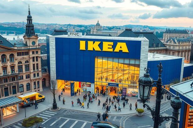 IKEA áruház Budapest szívében, vásárlók sétálnak a bolt előtt