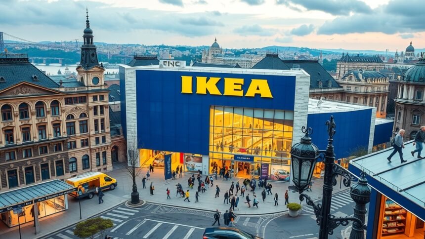 IKEA áruház Budapest szívében, vásárlók sétálnak a bolt előtt
