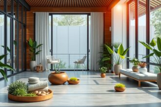 Modern, frissítő belső tér zöld növényekkel és természetes elemekkel.