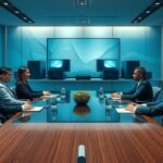 Vezetők tárgyalása egy modern konferenciateremben