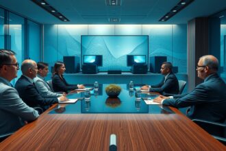 Vezetők tárgyalása egy modern konferenciateremben