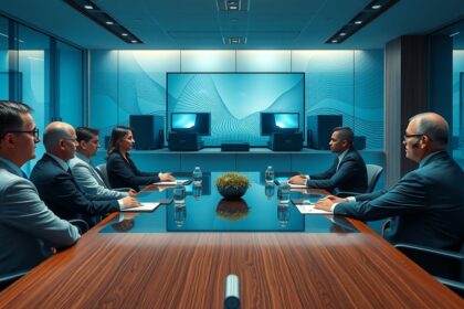 Vezetők tárgyalása egy modern konferenciateremben