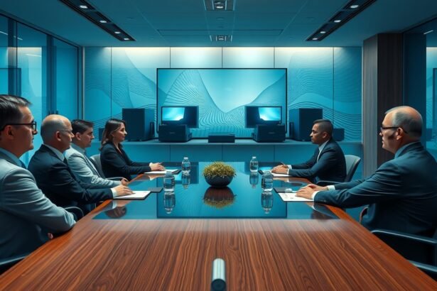 Vezetők tárgyalása egy modern konferenciateremben