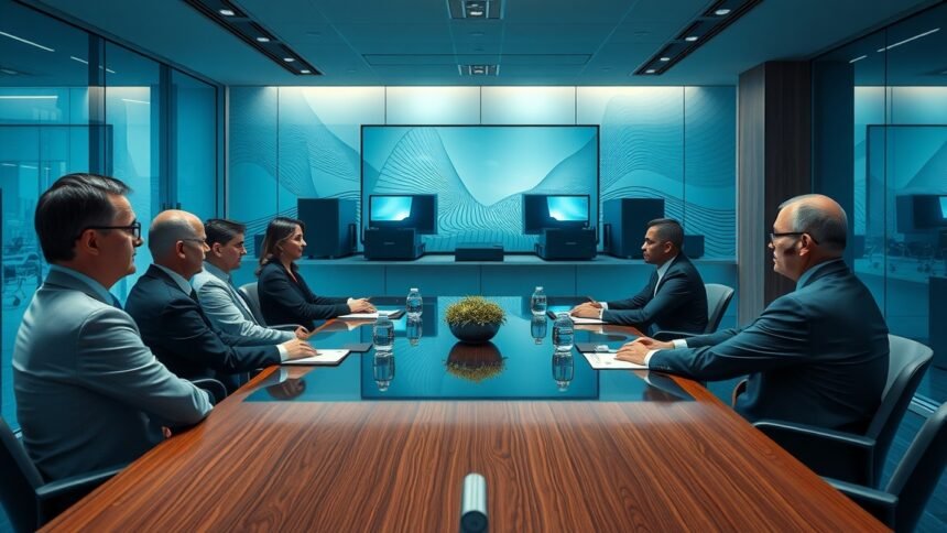 Vezetők tárgyalása egy modern konferenciateremben