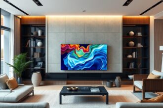 Samsung UE98DU9072 csúcskategóriás TV egy modern nappaliban.