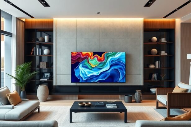 Samsung UE98DU9072 csúcskategóriás TV egy modern nappaliban.