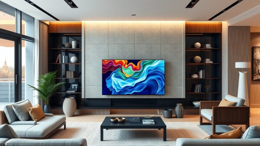 Samsung UE98DU9072 csúcskategóriás TV egy modern nappaliban.