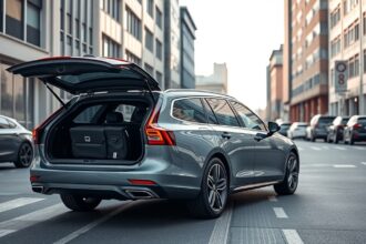 Tágas csomagtérrel rendelkező kombi autó a városban.