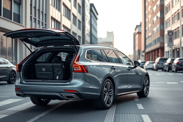 Tágas csomagtérrel rendelkező kombi autó a városban.