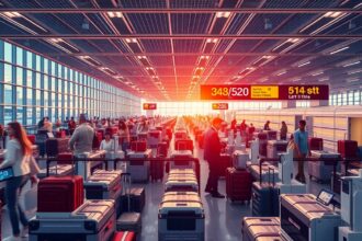 Poggyászkezelés repülőtéren, utasok és bőröndök sokasága