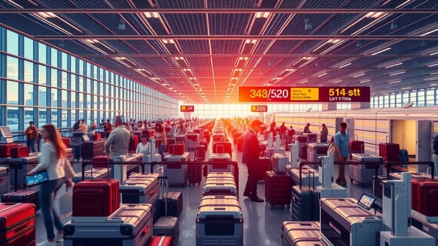 Poggyászkezelés repülőtéren, utasok és bőröndök sokasága