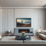 Samsung The Frame Pro QE75LS03FW tévé művészeti megjelenítése a modern nappaliban.