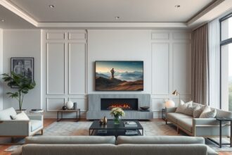 Samsung The Frame Pro QE75LS03FW tévé művészeti megjelenítése a modern nappaliban.