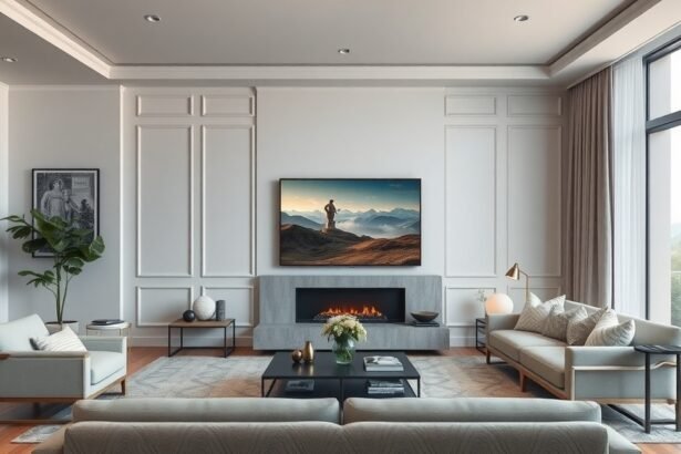 Samsung The Frame Pro QE75LS03FW tévé művészeti megjelenítése a modern nappaliban.