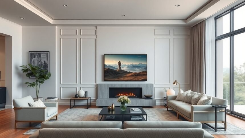 Samsung The Frame Pro QE75LS03FW tévé művészeti megjelenítése a modern nappaliban.