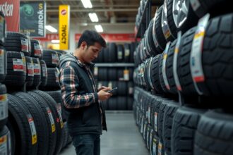 Fiatal férfi autógumik között vásárol az Auchanban