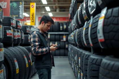 Fiatal férfi autógumik között vásárol az Auchanban
