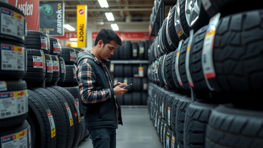 Fiatal férfi autógumik között vásárol az Auchanban