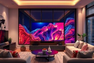 Modern nappali LG OLED77B53 televízióval és színes művészeti háttérrel.