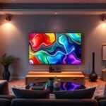 Modern TCL 98X11K TV a stílusos nappaliban, élénk színekben.