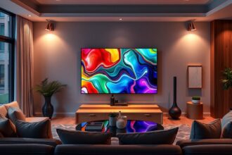 Modern TCL 98X11K TV a stílusos nappaliban, élénk színekben.