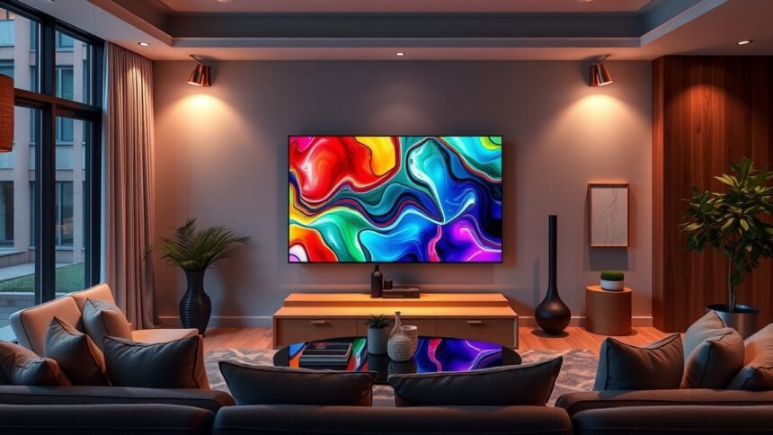 Modern TCL 98X11K TV a stílusos nappaliban, élénk színekben.